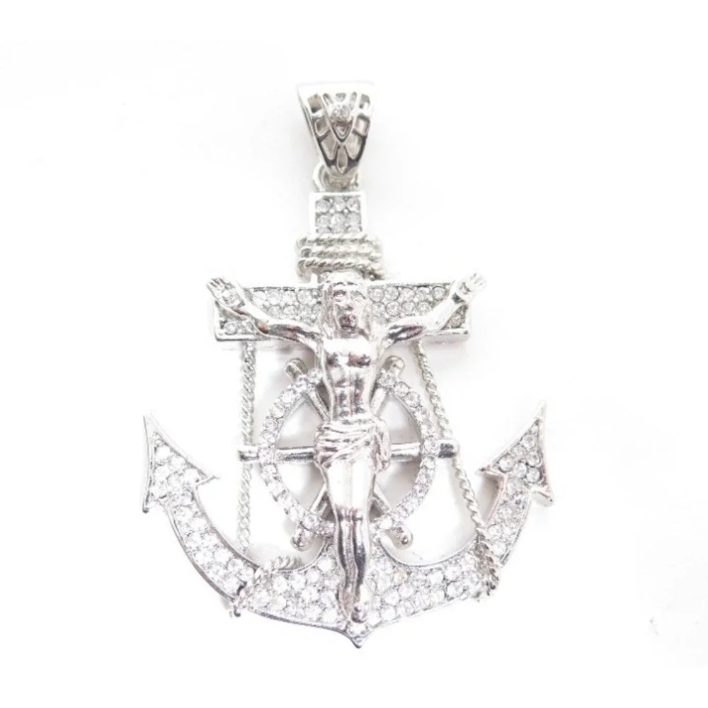 SILVER TONE RHINESTONE ANCHOR CRUCIFIX JESUS PENDANT NAUTICAL SHIP WHEEL‎ BLING